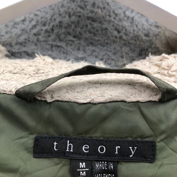 Theory Puffer Down Parka Military Coat Mens Medium Full Zip Coyote Fur Trim Hood - Picture 3 of 12